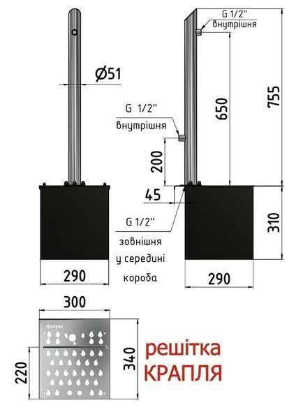 Садовая колонка круглый декор. ОВАЛ 50 мм. ТМ "Rivnyna" Light, 2 крана + дрен. модуль, решетка "Капля" RV20205-2Ко фото