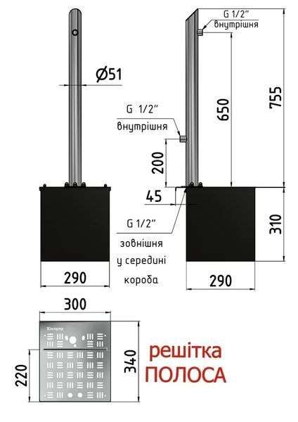 Садова колонка кругла декор. ОВАЛ 50 мм. ТМ "Rivnyna" Light, 2 крани + дрен. модуль, решітка "Полоса" RV20205-2Ко фото