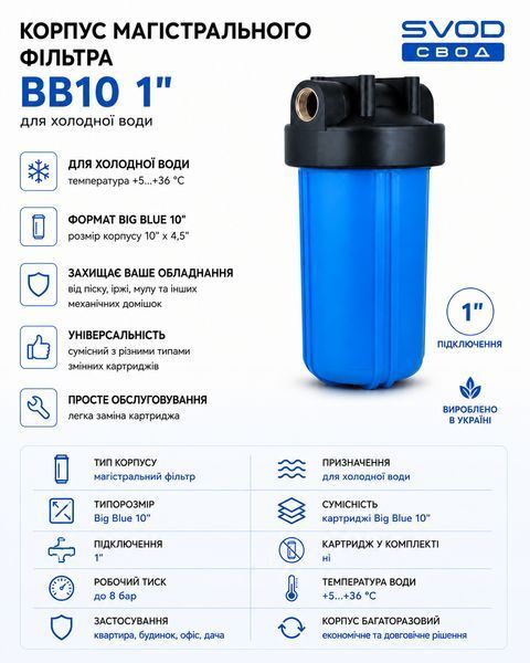 Корпус магистрального фильтра ВВ10 1" для холодной воды СВОД-АС sl0148 фото